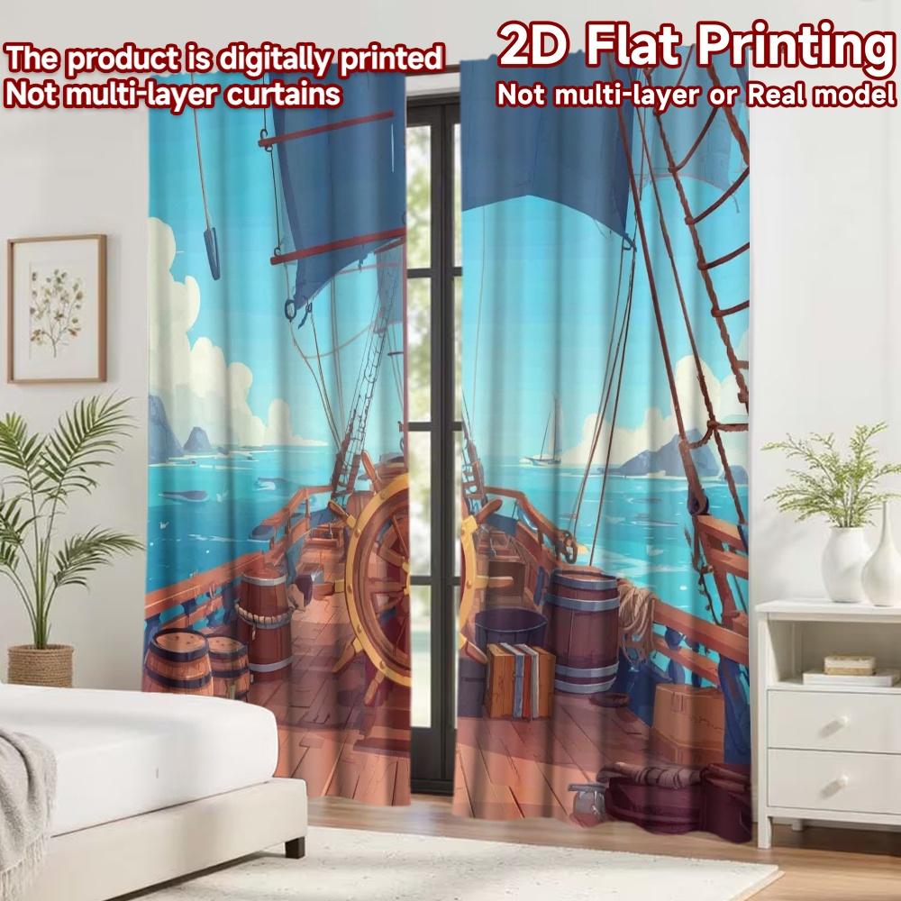 2D Flat Printing 2pcs Curtain Party Window Curtains Sailing Ship Deck Digital Printed Polyester Drapes Birthday Party for Living