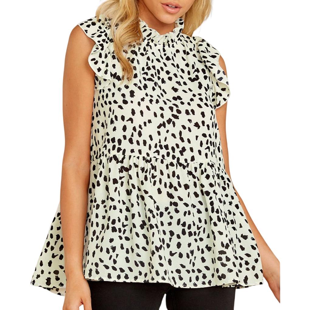 Women Polka Dots Leopard Printed Ruffled Short Sleeve Shirt