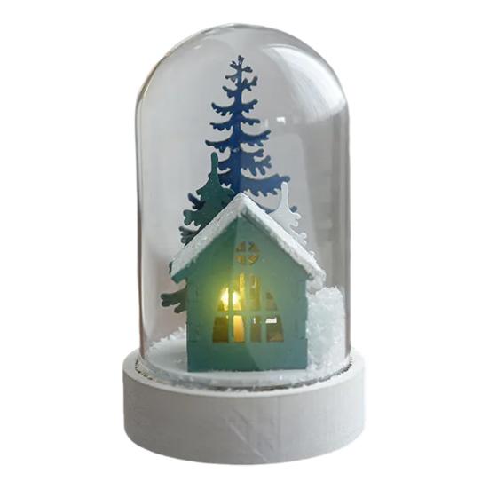 Christmas Dome Glass Ornament LED Light Up Reindeer Christmas Tree Little Church in Cloche Tabletop Decoration for Indoor Room Desktop Decor