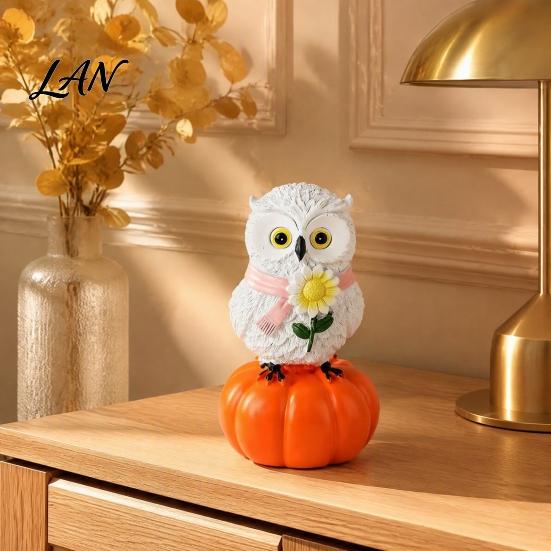 Indoor Seasonal Shelf Displays Fall Pumpkin Owl Figurine, Resin on Statue with Creative Scarf Sunflower for Autumn Thanksgiving Tabletop, Mantel,