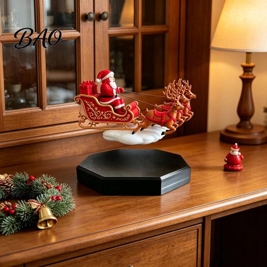 Collectible Santa Claus Sculpture Floating Sleigh, Magnetic Levitation Flying Sleigh Ornament, Christmas Office Desk Ornament Display for Home,