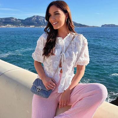 Chic Flower Embroidery Blouses for Women Elegant Female Short Sleeve Lace Up Shirts 2024 New Summer Ladies Round Neck Tops