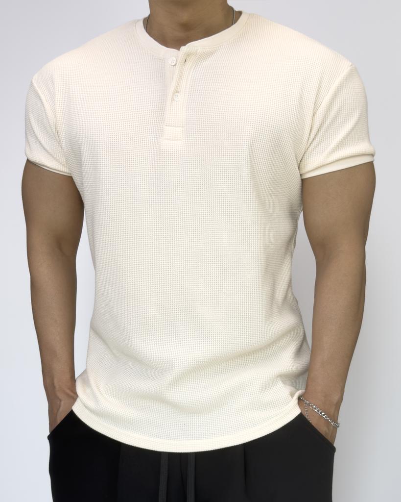 Pasiensia Muscle Fit Waffle Henley Neck Short Sleeve Ivory