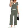 Women Two Piece Set Casual Outfits V Neck Short Sleeve Top Elastic Waist Pants Lounge Wear Set for Travel Relaxed Fit