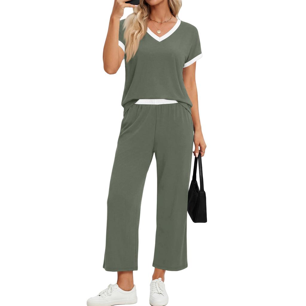 Women Two Piece Set Casual Outfits V Neck Short Sleeve Top Elastic Waist Pants Lounge Wear Set for Travel Relaxed Fit