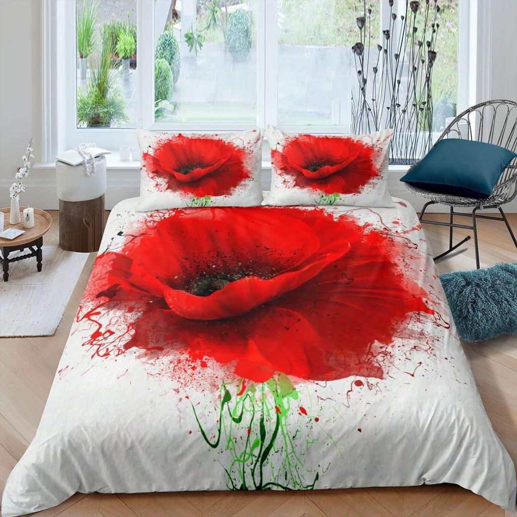 Flower Duvet Cover Set, Little Red Spring Summer Time Garden Florals Poppy Decorative 3 Piece Bedding Set with 2 Pillow Shams