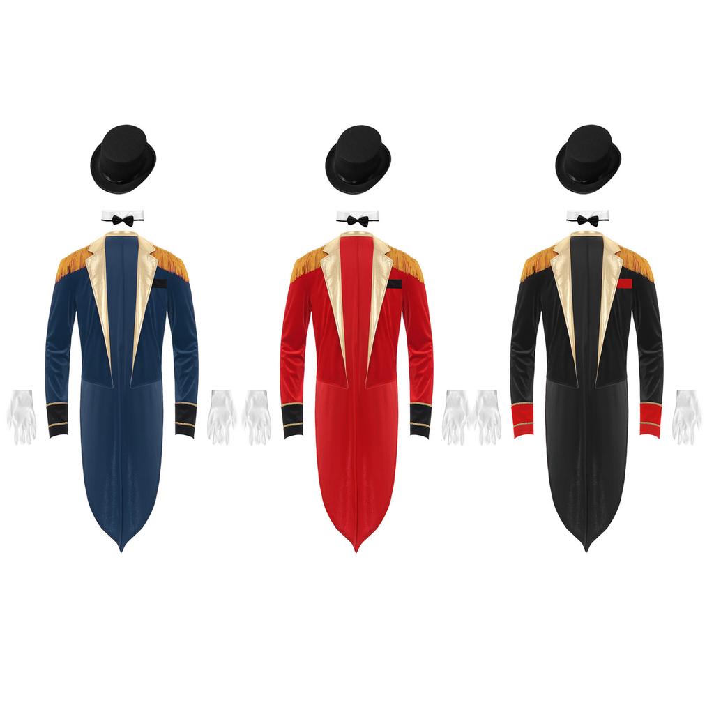 Mens Circus Ringmaster Costume Set Long Sleeve Lapel Fringed Shoulder Tailcoat Jacket Hat Collar Gloves Carnival Cosplay