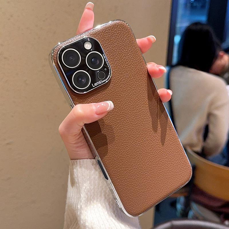 Lichee Leather Pattern Phone Case For Iphone 15 Plus 16 Pro Max Solid Color Protective Plating PC Hard Shell Back Cover