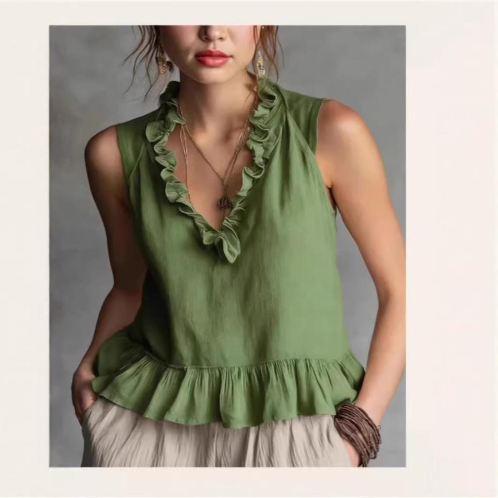 2026New Spring and Summer Sleeveless Ruffle Hem Women's Blouse