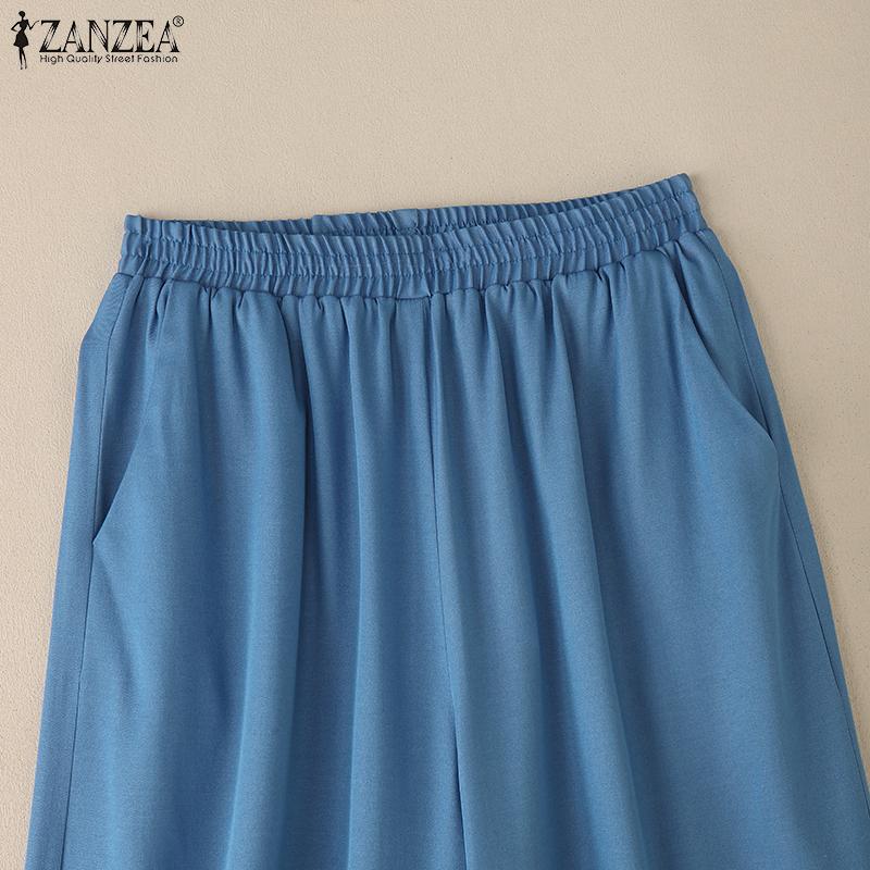 ZANZEA Women Casual Elastic Waist Loose Print Cropped Pants