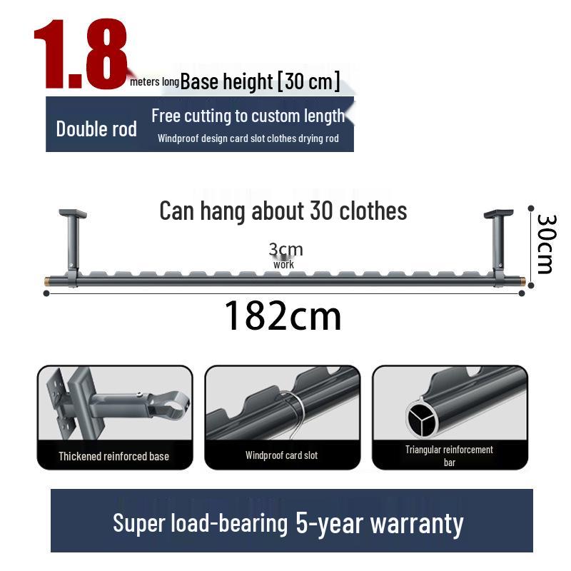 Aluminum Windproof Balcony Drying Rod - Top-Mounted, Hole-Punching Design for Secure Clothes Hanging