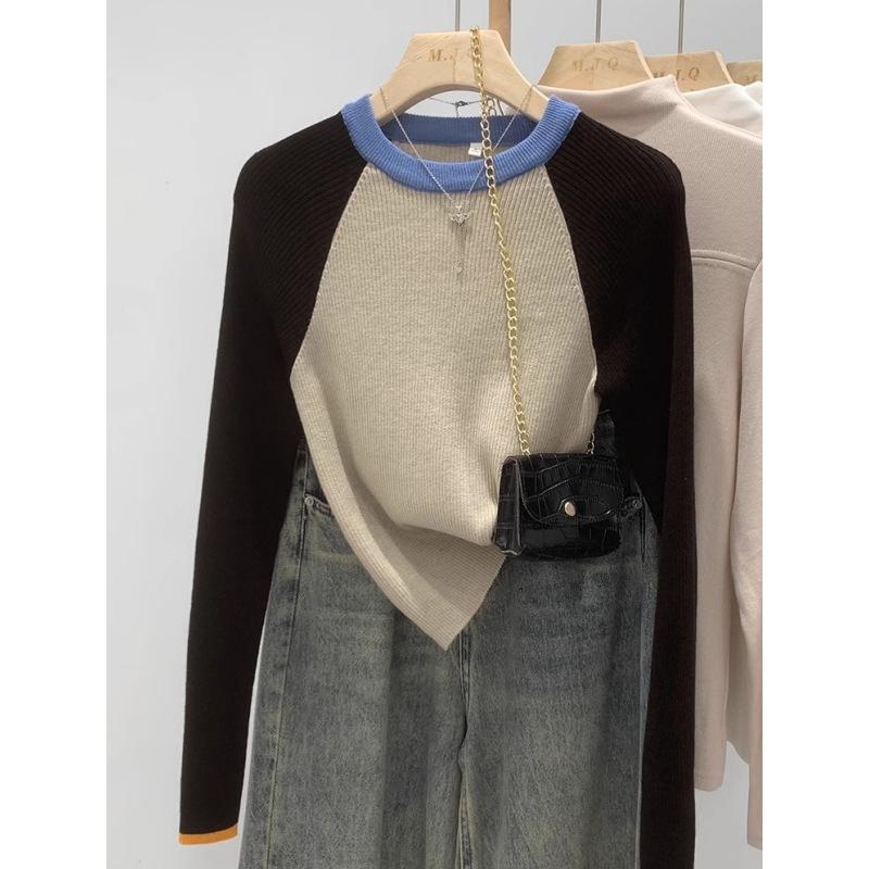  color round neck shoulder sleeve bottoming shirt women's autumn and winter slim-fitting age-reducing niche design sweater fashionable inner top