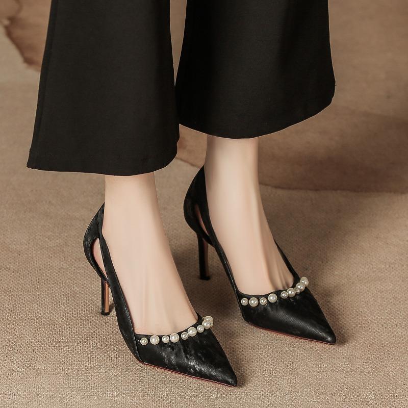 Autumn New Ice Silk Hollow Pearl High Heels Women's Thin Heel Temperament Advanced Sense Shallow Mouth Pointed Single Shoes Women