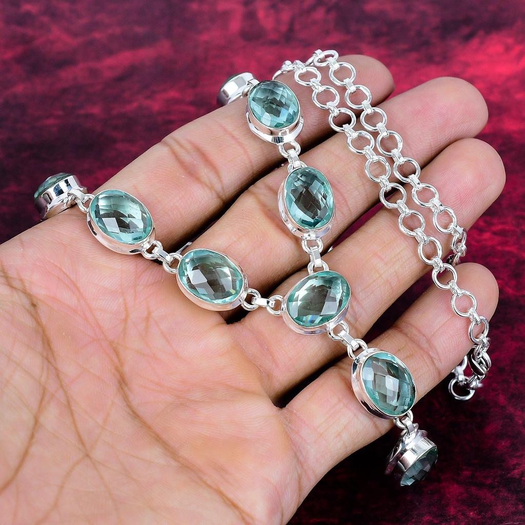 Faceted Aqua Apatite Handmade Gemstone Necklace, 925 Solid Sterling Silver Necklace Antique Jewelry, Gift For Love