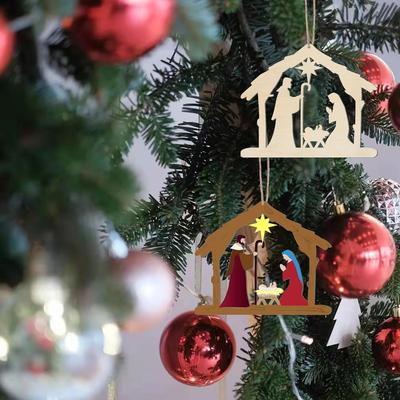 House Shape Wood Chips Nativity Scene Decoration, Wooden Manger Shape Manger Wooden Art Ornament With Rope Exquisite Decoration