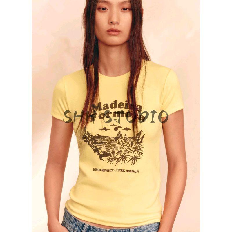 New Fall Women's Clothing Fashion All-Match Cotton Printing Casual Minimalist Round Neck Short Sleeve T-shirt 0085805