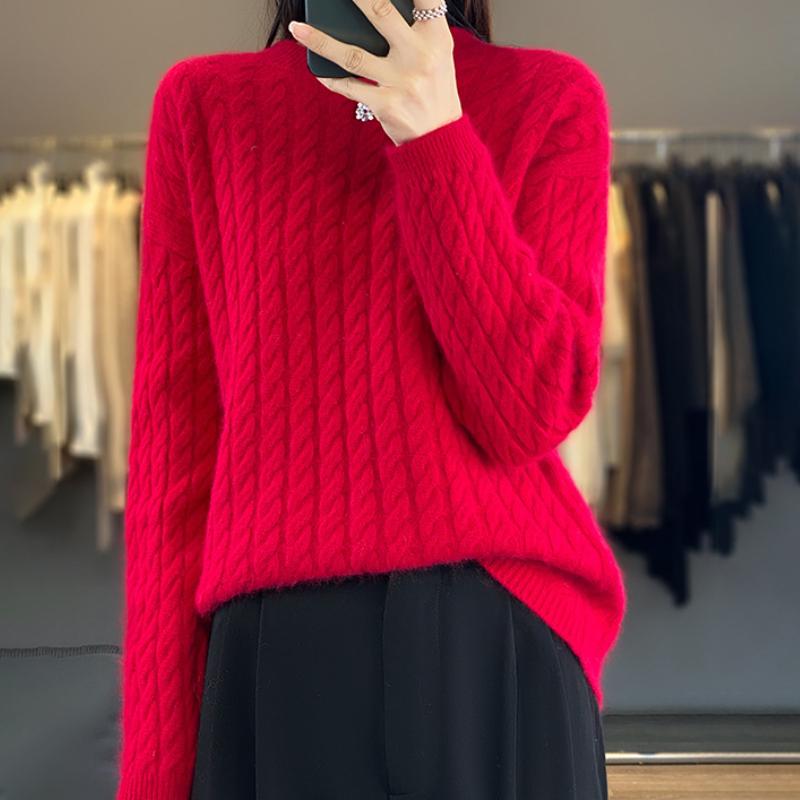 Round Neck 100% Pure Cardigan for Women's Autumn and Winter Solid Color Twist Sweater Loose and Versatile Warm Cashmere Base Shirt