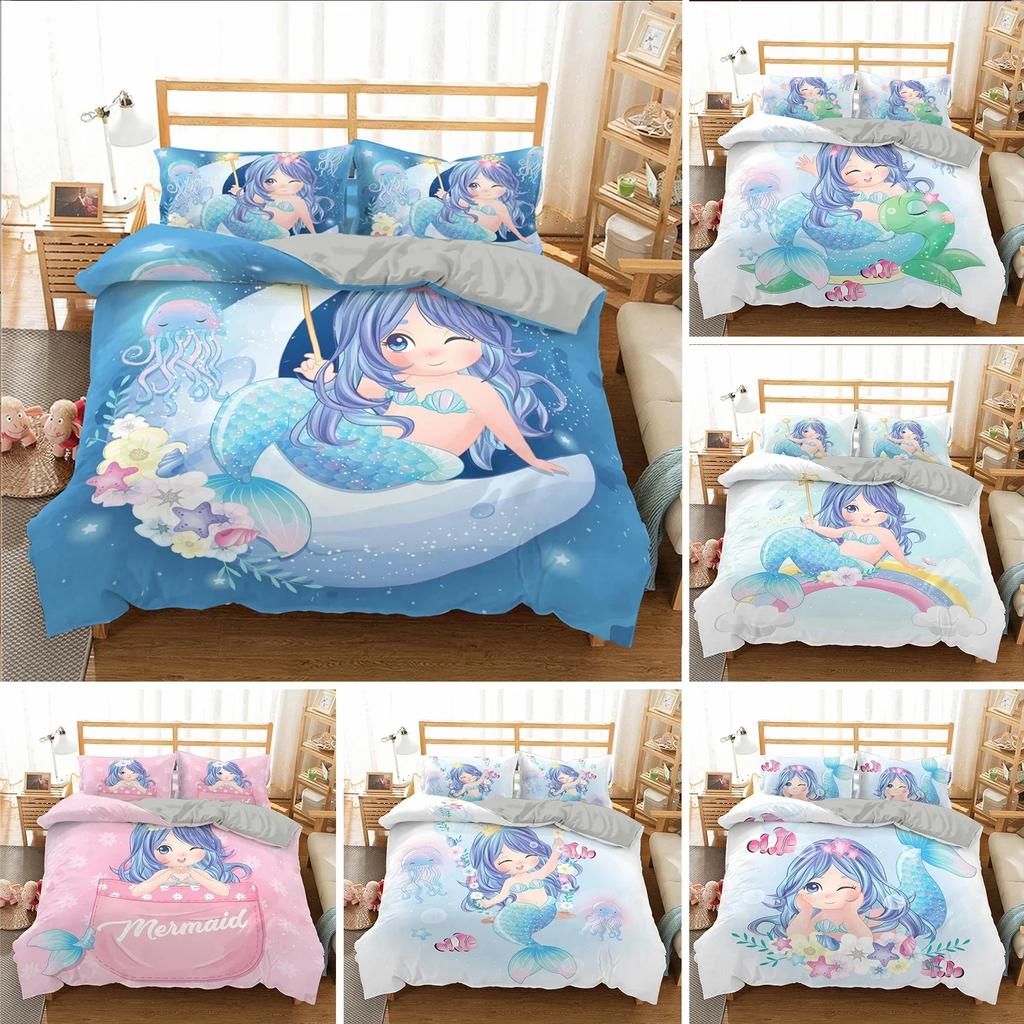 Mermaid Underwater World Comfortable Duvet Quilt Cover Pillowcase Bedding Set Children Bedroom Decoration Home Textile