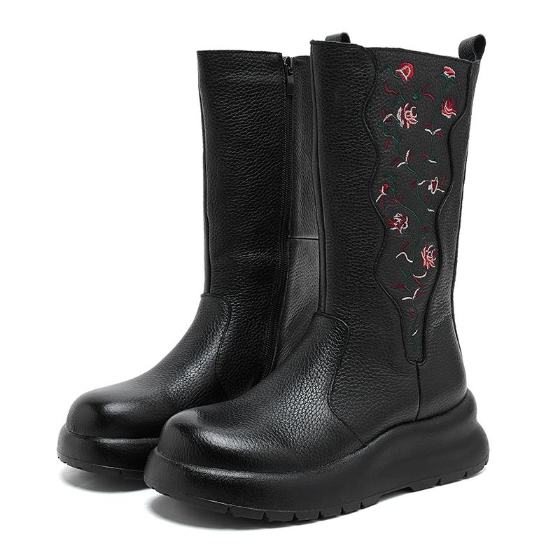 

Модные женские длинные сапоги GKTINOO с вышивкой из натуральной кожи, ручной работы, на толстой подошве, ботильоны на танкетке, женская обувь, платформа, сапоги до середины икры 250