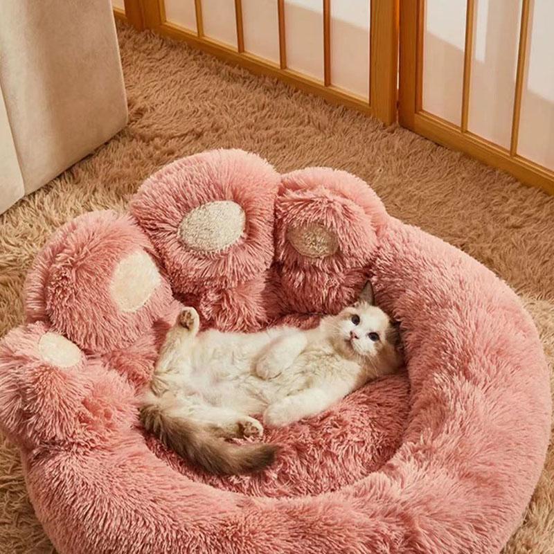 Fluffy Pet Round Bed Adorable Bear Paw Dog Kennel Winter Warm Cat Nest Gentle Plush Cushion Bed Cushion Basket Supplies