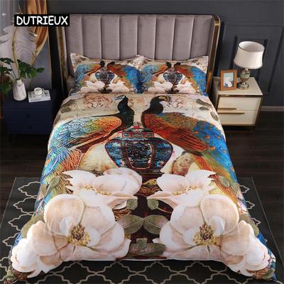Funda Nórdica de Lujo Rosa Pavo Real Juego de Cama Floral Tema Retro Pavo Real Animal Pluma Funda de Edredón para Decoración de Dormitorio