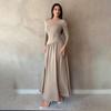 Women's Round Neck Long Sleeve Maxi Dress Loose High Waist Elegant Solid Ruched A Line Dress