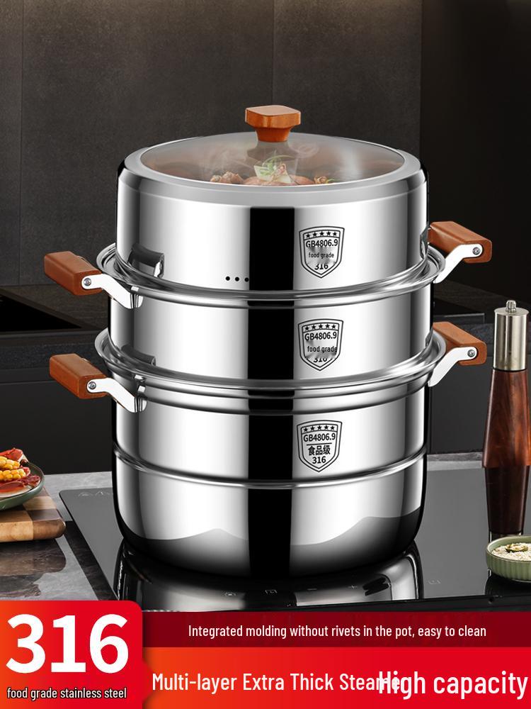 316L Stainless Steel Steamer Pot with Rivet-Free Lid & Extra-Thick Beech Wood Anti-Scalding Double Layer Steaming Basket