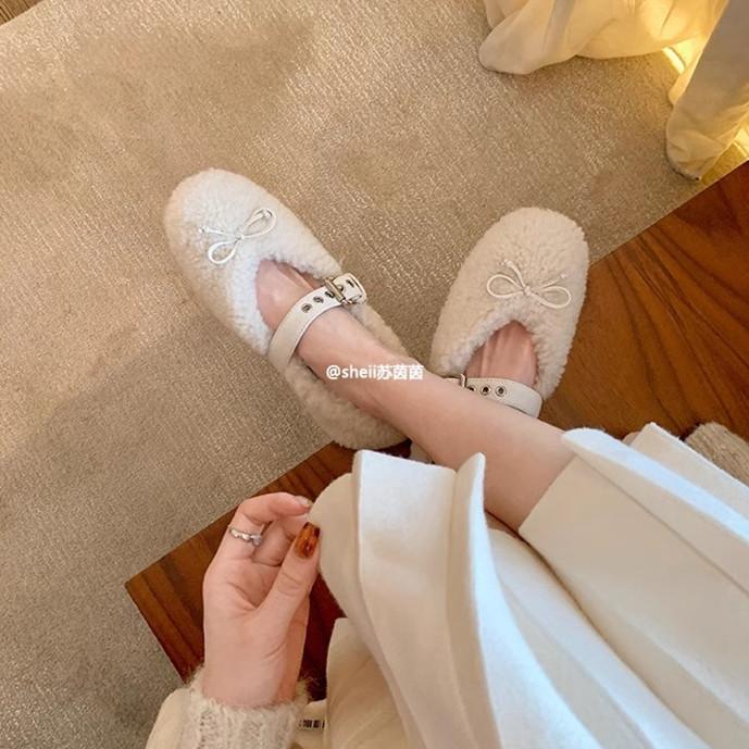 Traubenmutter gleiche miu Liebling~ Schleife flache Mary Janes Lammwolle einzelne Schuhe Damen Ballerinas