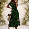 Women Plus Size V Neck Short Sleeve Blue Printed Long Straight Dress