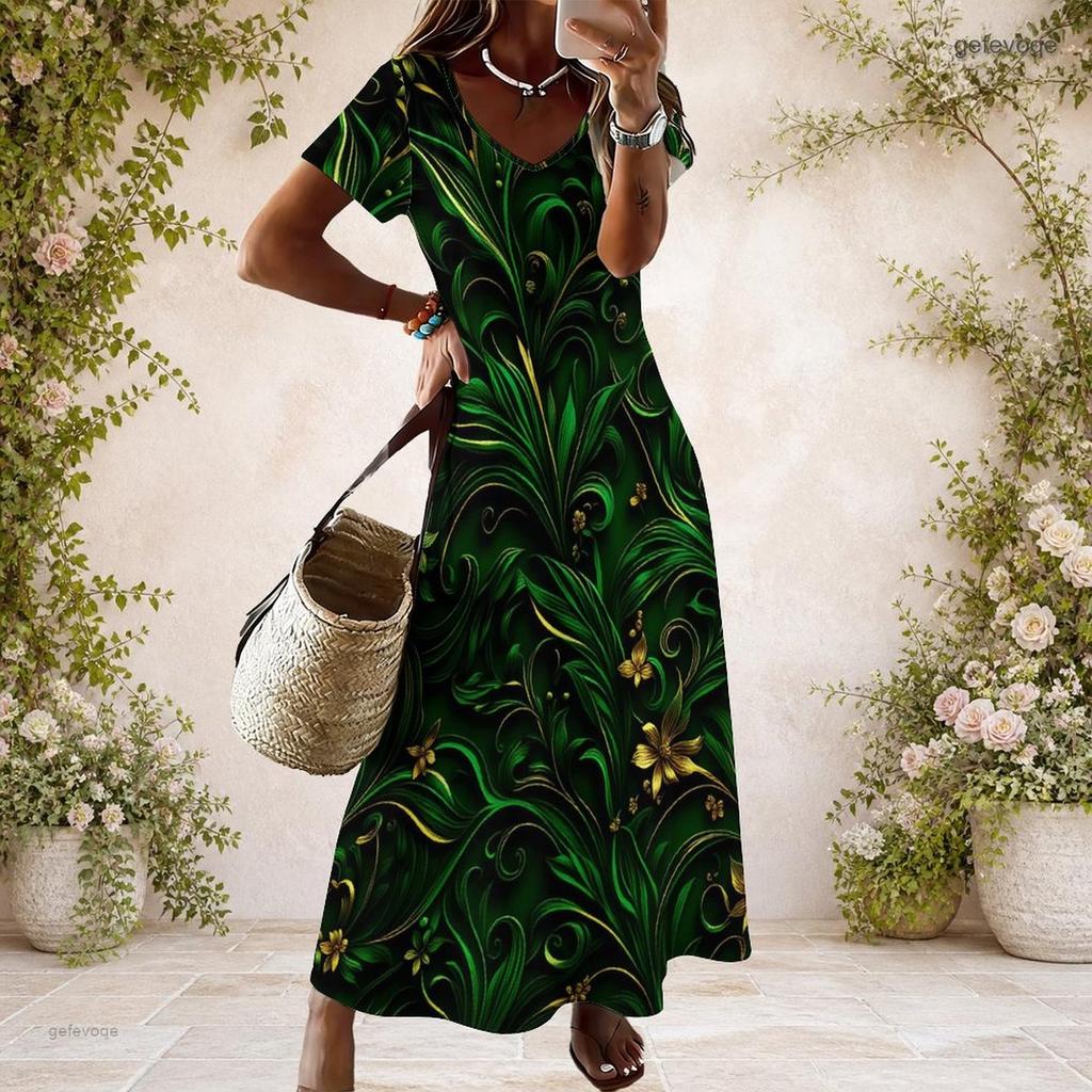 Women Plus Size V Neck Short Sleeve Blue Printed Long Straight Dress