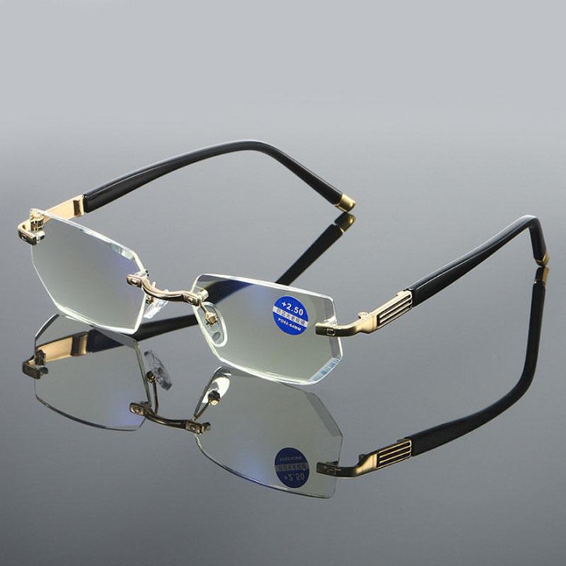 Anti Blue Ray Reading Glasses Dimond Cutting Rimless Eyewear Men Anti Fatigue Hyperopia Presbyopic Glasses +1.5