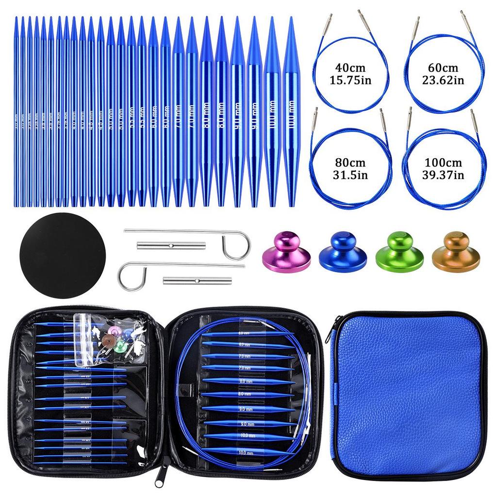 Blue Detachable Circular & Straight Knitting Needle Set with Replaceable Yarn Needles and Rope