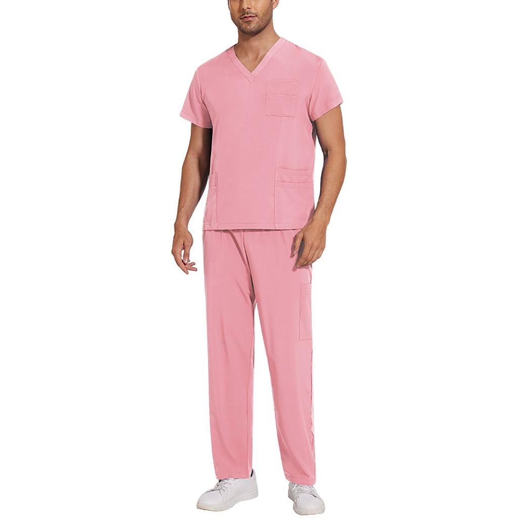 Soild Scrub Working Uniform Suit For Men's Cross V-Neck Short Sleeve Fun T-Shirts Workwear Tee With Pockets