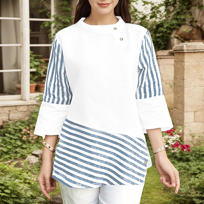 

ZANZEA Women Casual Stand Collar Summer 3/4 Sleeve Stripe Blouse 4XL синий