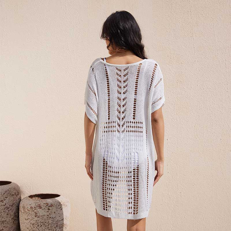EDOLYNSA chic Sexy white hollow out knitted beach wear beach dress house robe lounge around comfy swimsuit cover-up Q1648