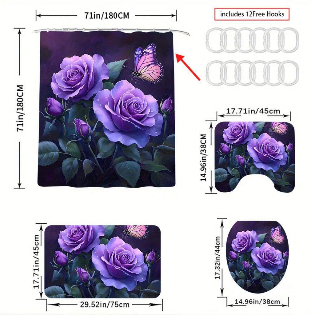 1/4Pcs Bathroom Shower Curtain Set Purple Rose Print Bathroom Curtain With 12 Hooks Non Slip Rugs Toilet Cover Mat Bathroom Partition