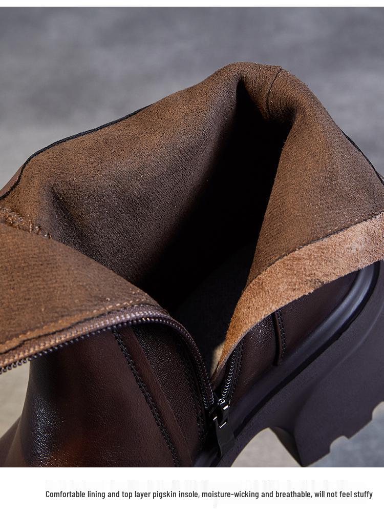 Women's Thick-Soled Leather Chelsea Boots – Autumn/Winter British Style with Round Toe and Buckle detailing.