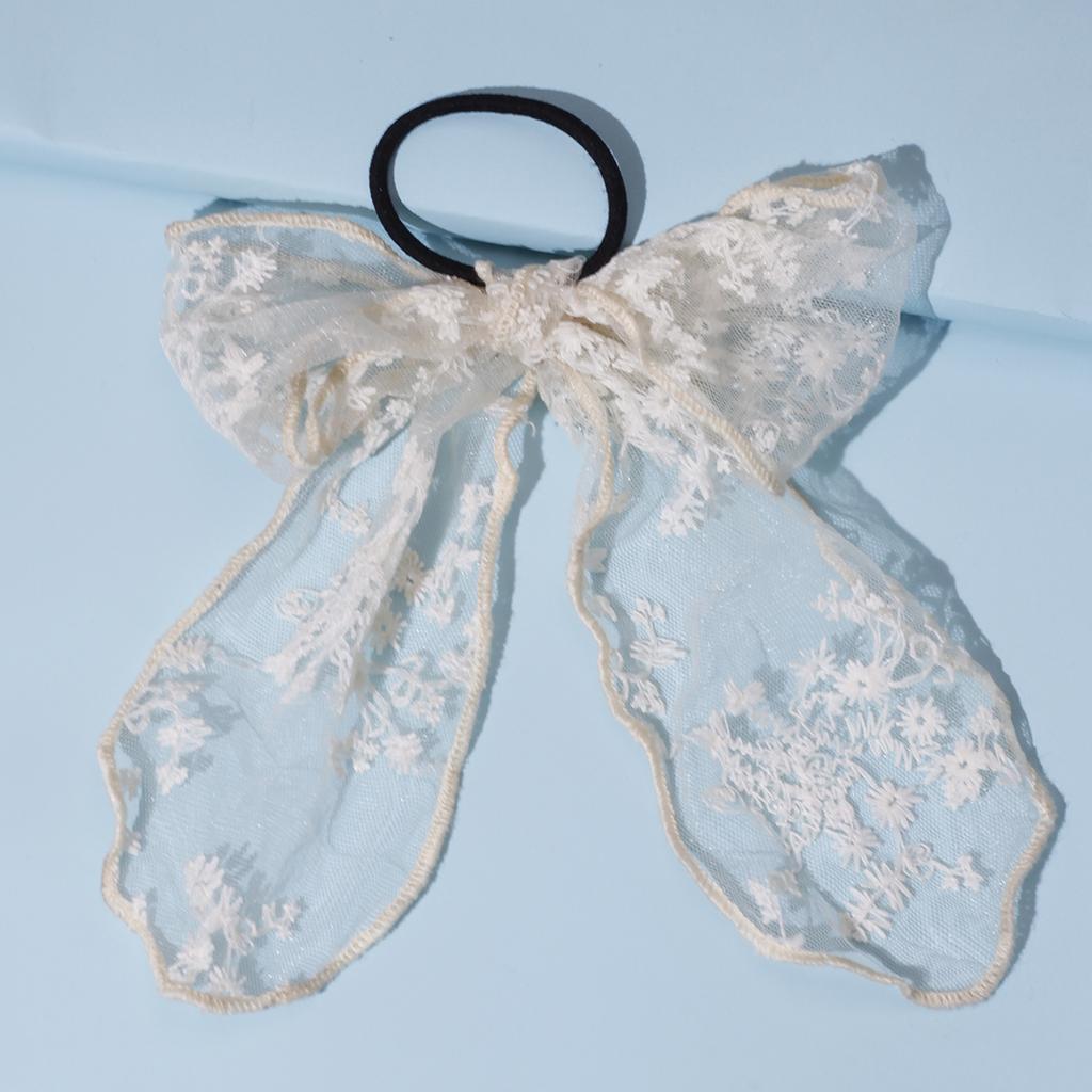 Lystrfac Spring Summer White Handmade Lace Bow Hair Ribbon Headdress Streamer Bow Scrunchies for Women Lolita Hair Accessories