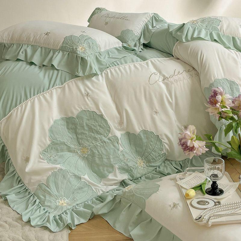 G5Z Koreanisches Prinzessinnen-Sonnenblumen-Stickbettwäsche-Set - Große Bettbezug & Spannbettlaken, Mädchenhaftes Vierteiliges Set