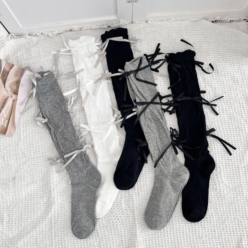Mid-calf Socks, Boneless Handcrafted Bow, Solid Color, Sweet and Versatile, Pile Socks