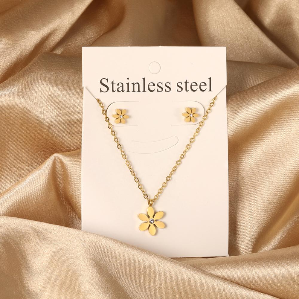 Cubic Zirconia Necklaces Zircon Sets For Women Tiny Stainless Steel Gold Plated Pendant Necklaces And Earrings Sets Wedding