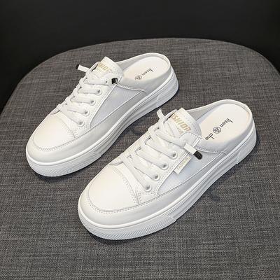 Leather Flat-bottomed Bag Head and Half Slippers Women's Summer New Mesh Breathable Without Heel Lazy Shoes Little White Shoes