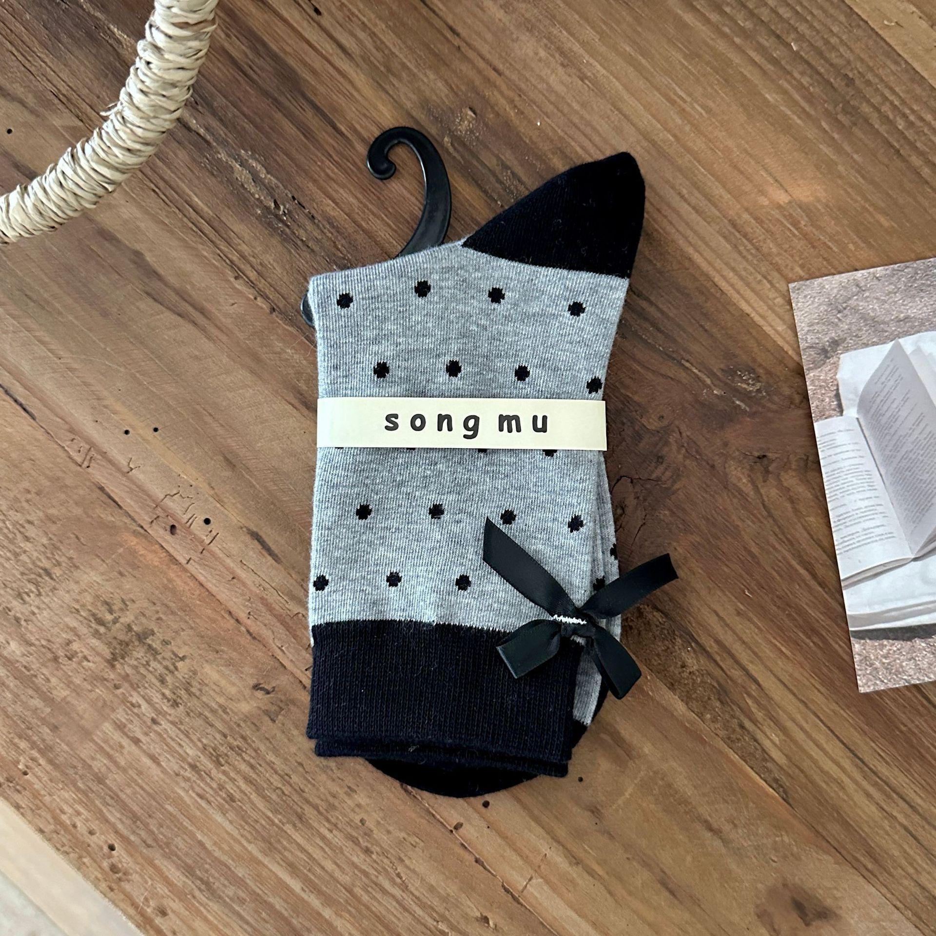 

Женские осенние хлопковые носки Мэри Джейн с бантом в горошек — милый и симпатичный стиль с ворсом One Size серый