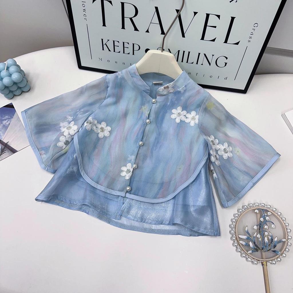 Chinese-Inspired Summer Set: Girls' Traditional Top & Pants Two-Piece