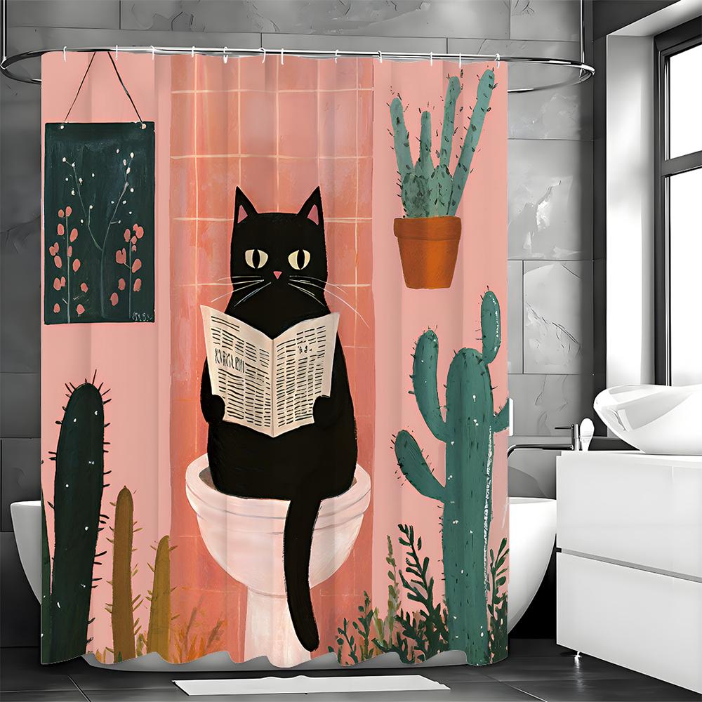 Tenda Doccia Divertente Gatto da Parete, Gatto Seduto sul WC Tenda Doccia Decorativa per Bagno, Tenda Doccia Impermeabile con Ganci