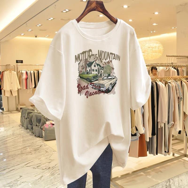 Cotton short-sleeved T-shirt women's 2025 summer new foreign-style cartoon printing large-size loose half-sleeved t-shirt top