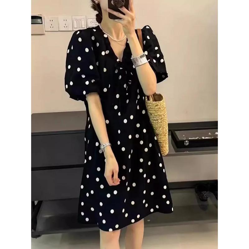 Women s French Style Black Polka Dot V Neck Puff Sleeve Dress M
