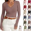 Haut à manches longues pour femme, couleur unie, col en V, coupe slim