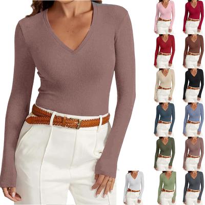 Women's Color V,Neck Slim,Fit Long,Sleeve Top