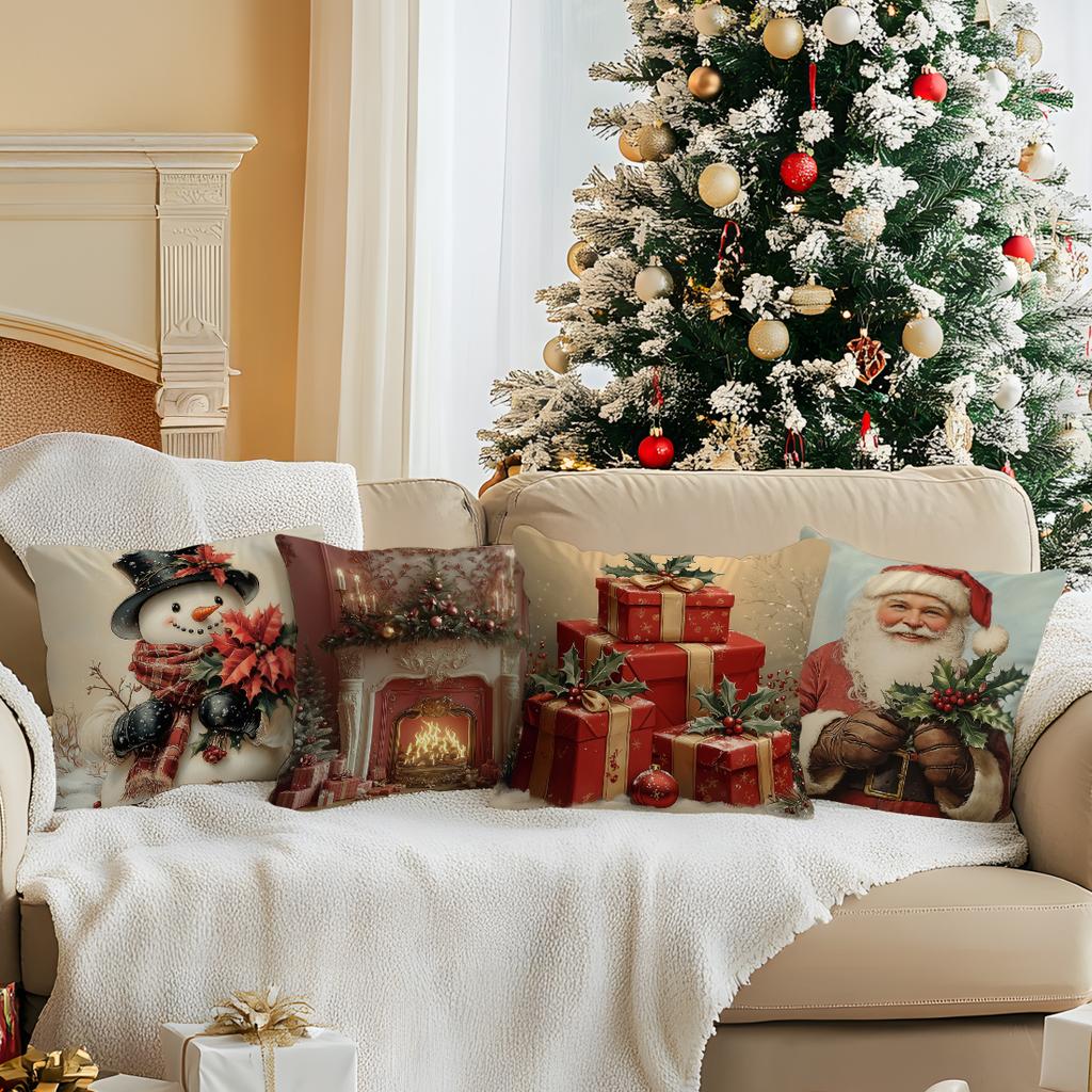 Retro Christmas Illustration Cushions Pillowcase Polyester Cushion Cover Throw Pillow Sofa Decoration Pillowcover Home Decor